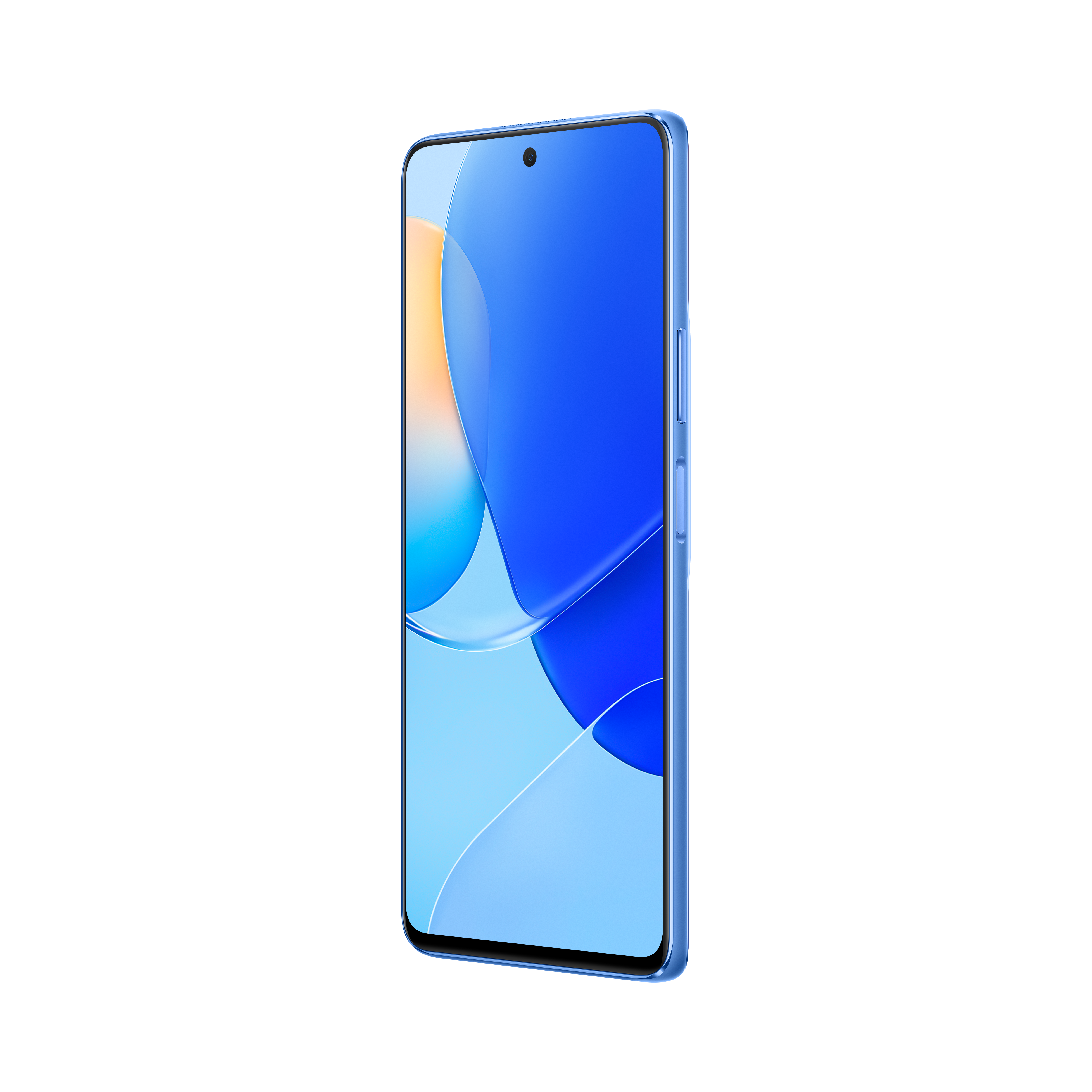 Un smartphone azul claro con pantalla azul muestra un gráfico en tonos azules, sobre fondo negro.