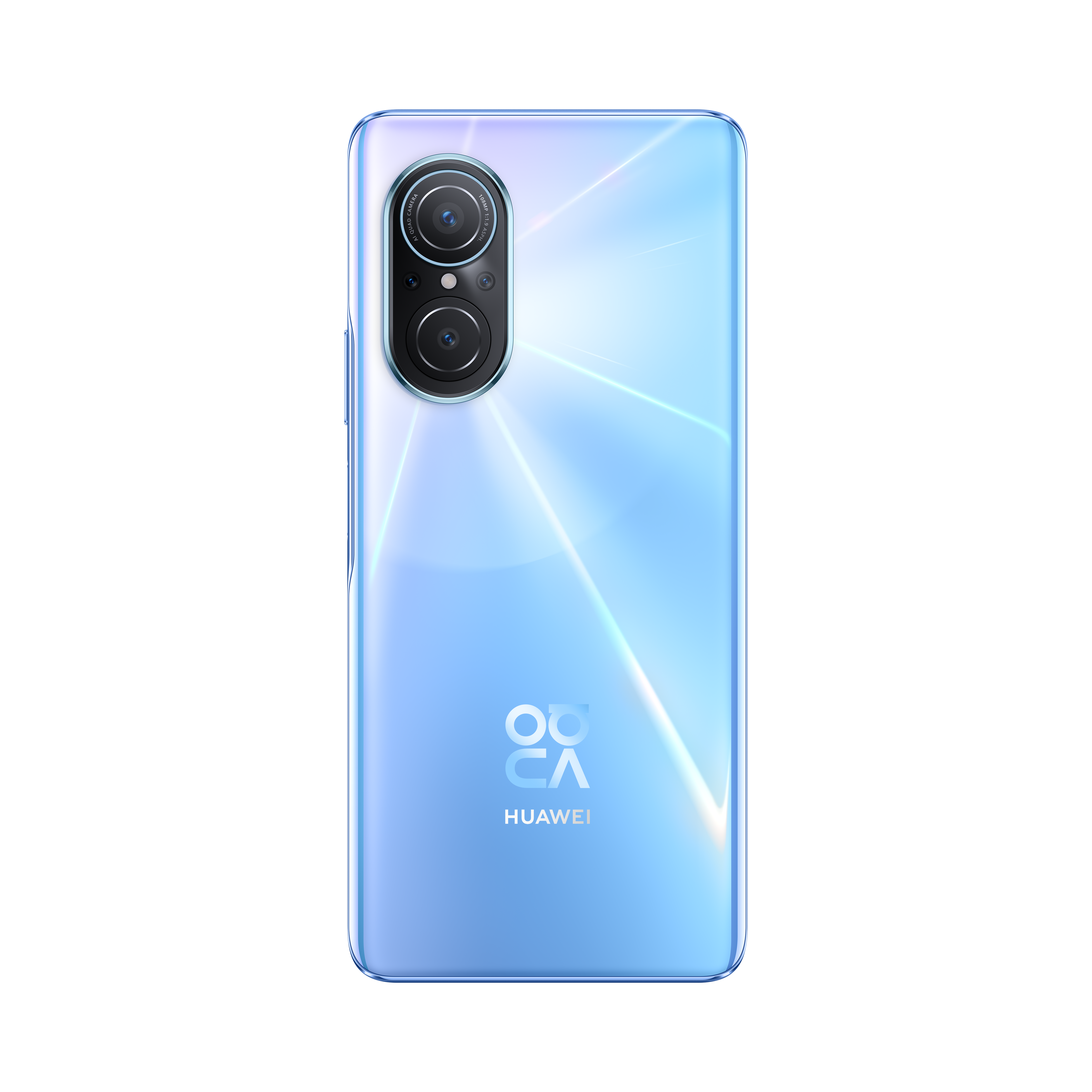 Teléfono Huawei azul que muestra la matriz de cámaras y el logotipo.