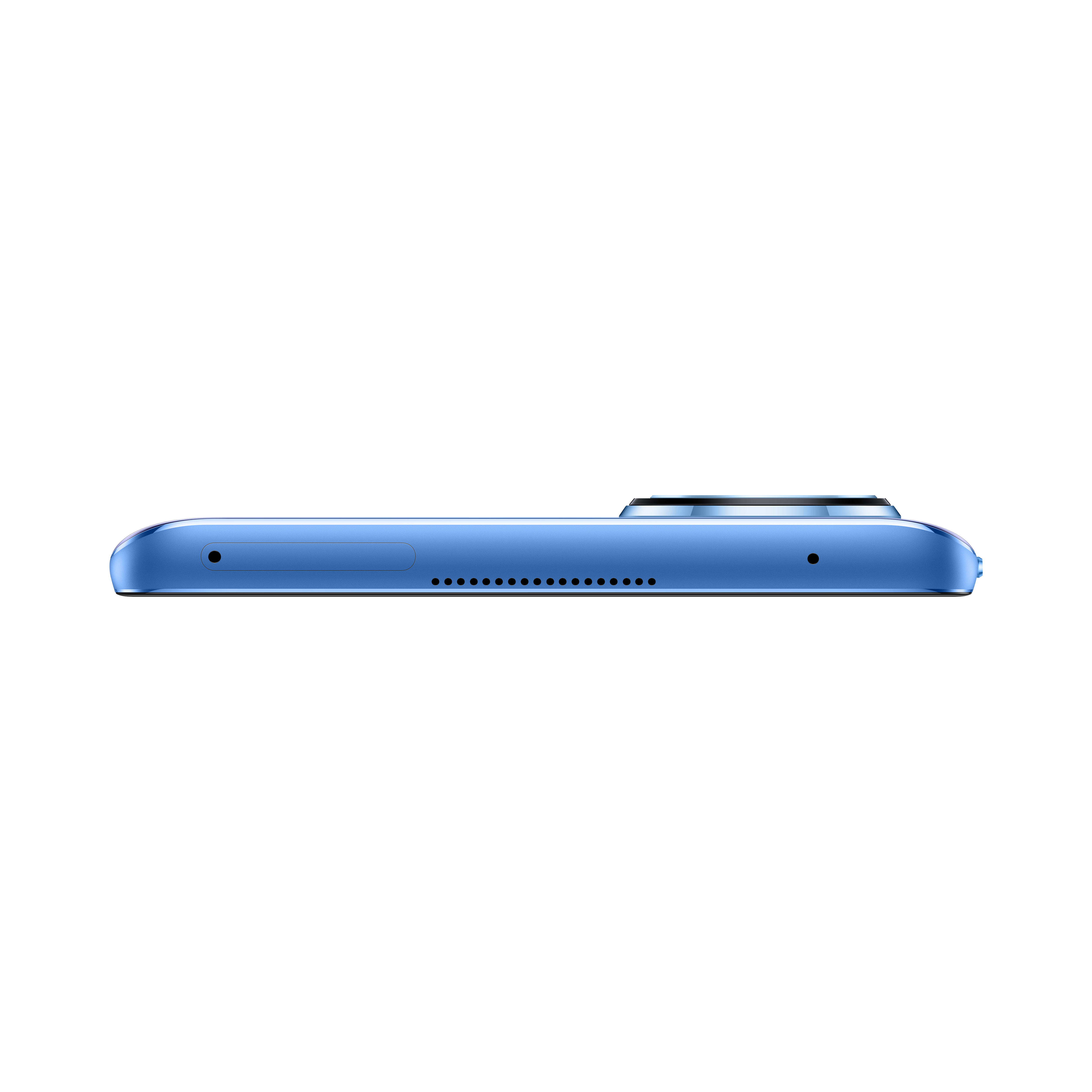 Primer plano del borde inferior de un smartphone azul, mostrando altavoces y puerto de carga.