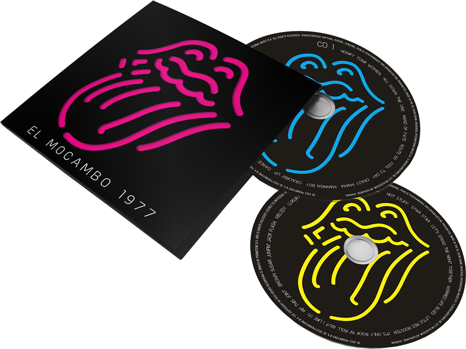 Rolling Stones album feketében, neon rózsaszín és kék ajak logóval és CD-kkel.