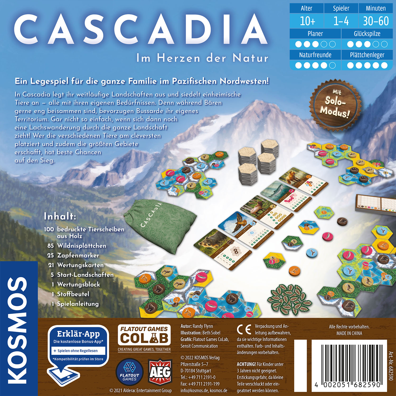 Cascadia Brettspielbox. Bunte Kunst zeigt Berge, Tiere und Spielelemente.