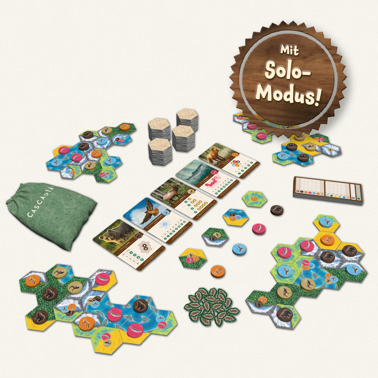 Brettspielkomponenten, einschließlich Spielbrettteile, Karten und Holzmarken.