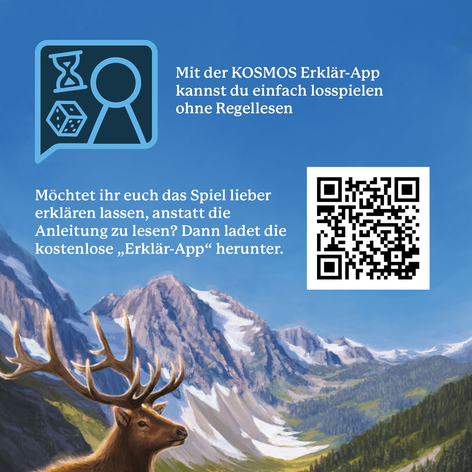 Bild mit Text über eine Spiele-App und einem QR-Code, mit einer Berg- und Hirschillustration im Hintergrund.