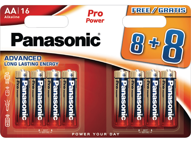 Een verpakking van 16 Panasonic Pro Power AA-batterijen, met een Gratis-aanbieding.