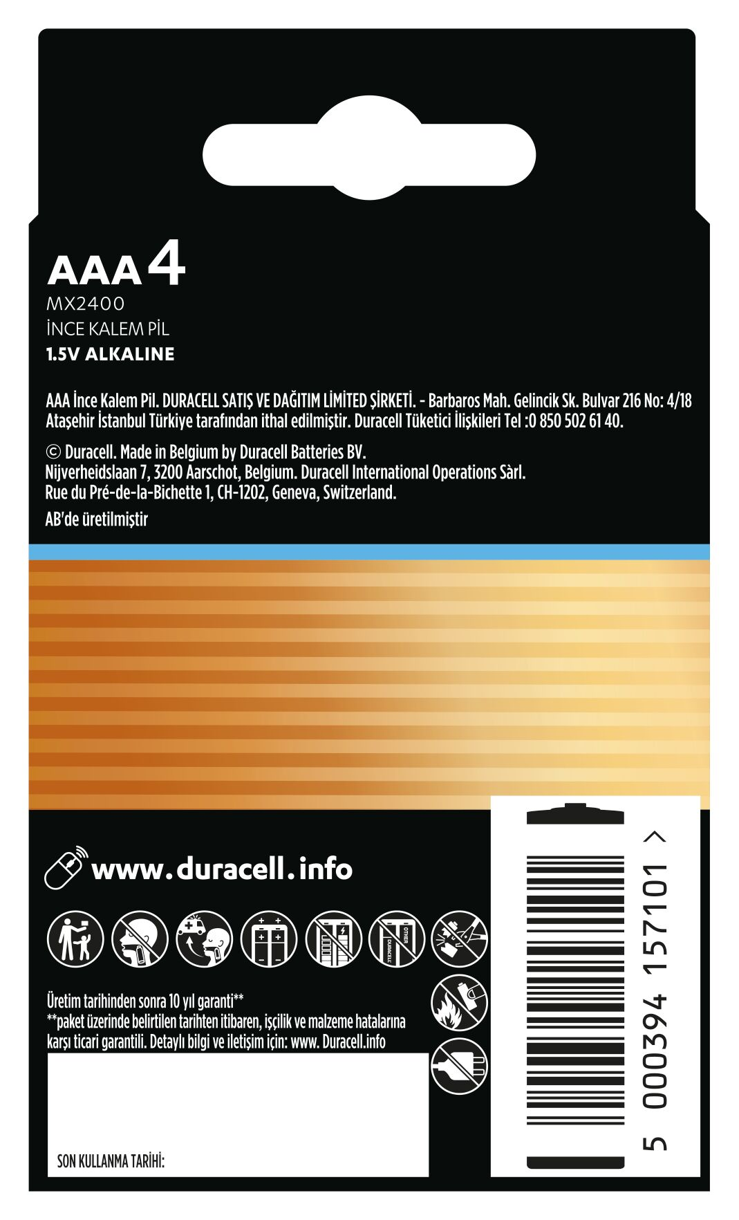 Duracell AAA 4 pil ambalajı, siyah ve altın rengi, metin ve barkod ile.