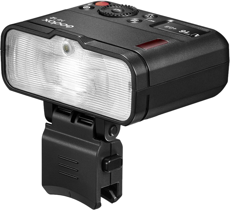 Un flash Godox MF12 nero con staffa staccabile è mostrato di profilo su sfondo bianco.