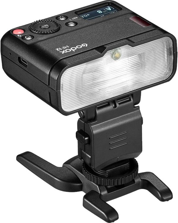 Una testa flash Godox MF12 nera con supporto e display illuminato.