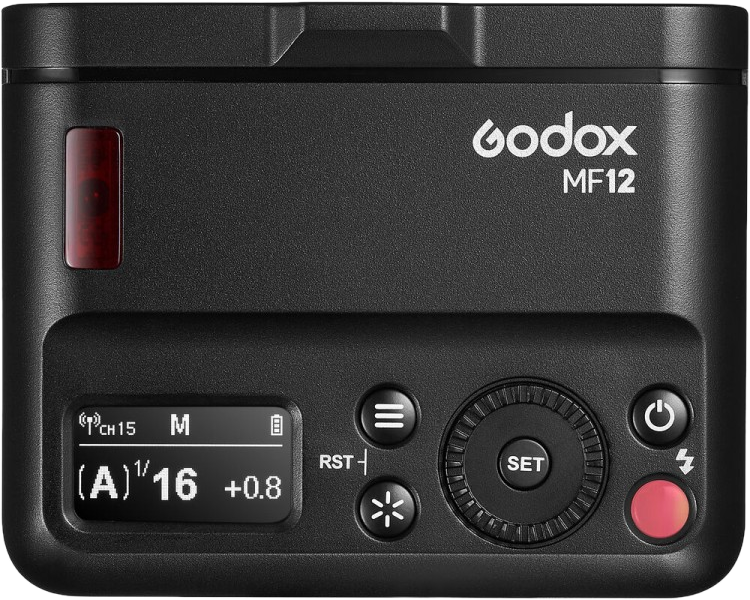 Unità flash Godox MF12 nera con schermo e pulsanti.