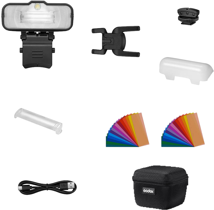 Flash per fotocamera, attacco slitta, diffusore, gelatine colorate, cavo USB e custodia.