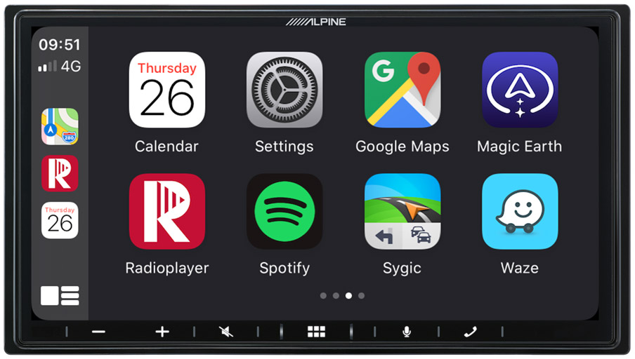 Autoradio che mostra le icone delle app, tra cui Calendario, Impostazioni, Google Maps e Spotify.