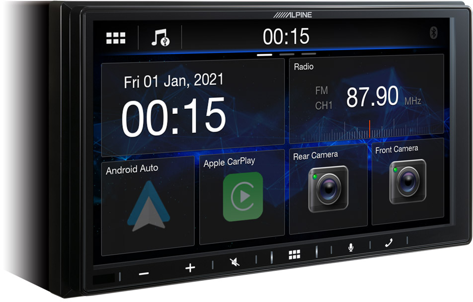 Schermo autoradio con ora, info radio e icone per Android Auto, CarPlay e telecamere.