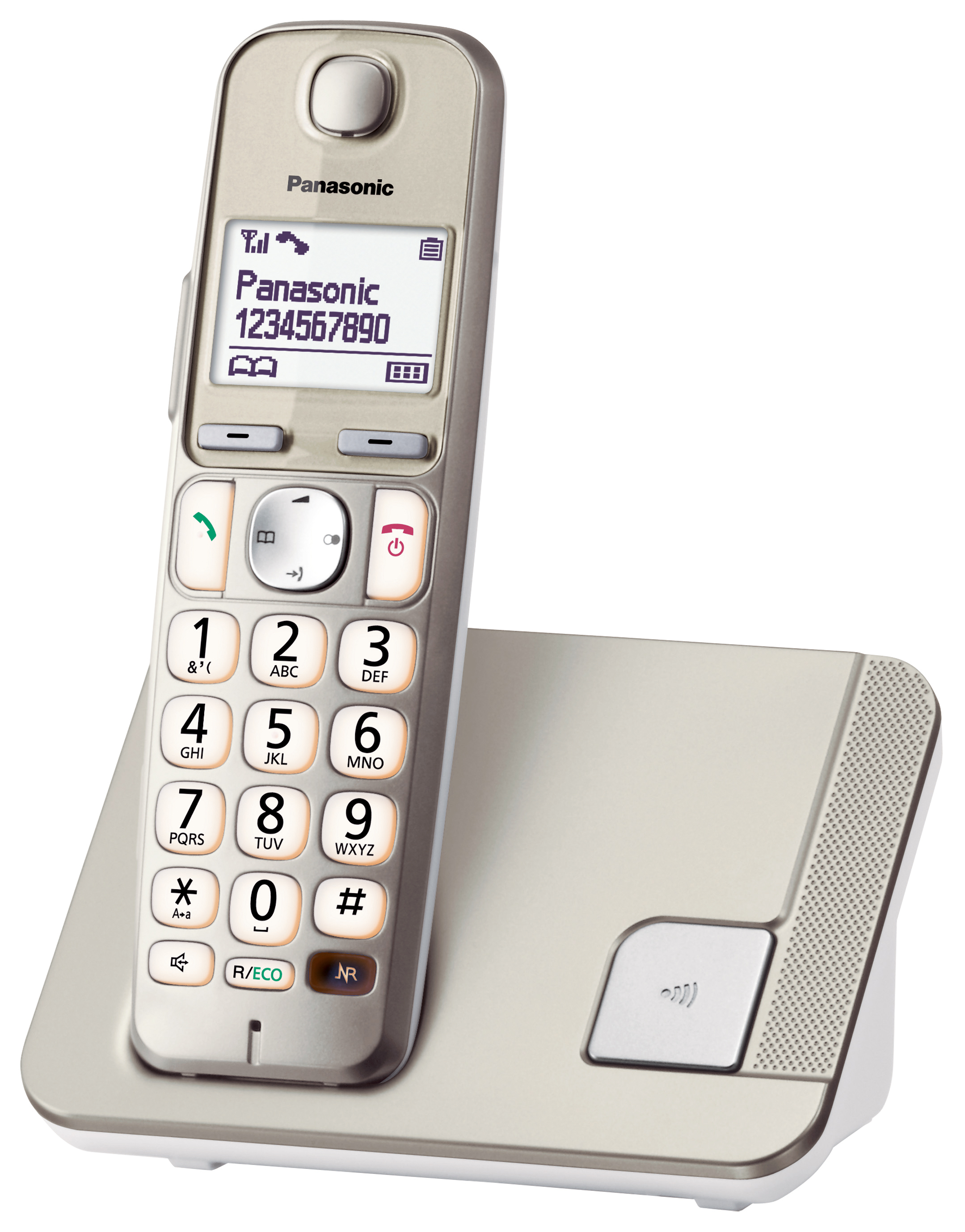 Egy vezeték nélküli telefon a töltőállomásában van. A képernyőn egy telefonszám látható.