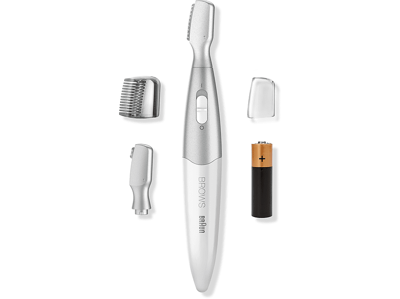 White and silver electric eyebrow trimmer with accessories and a battery.