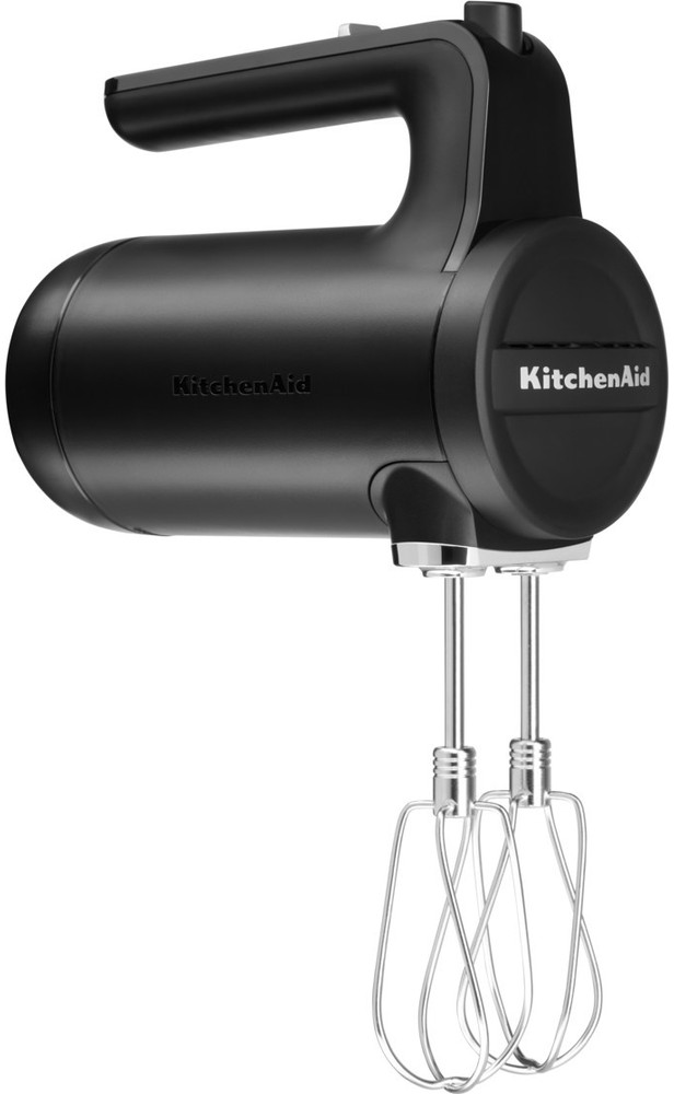 Black KitchenAid hand mixer with two beaters on a white background. The mixer is in focus.