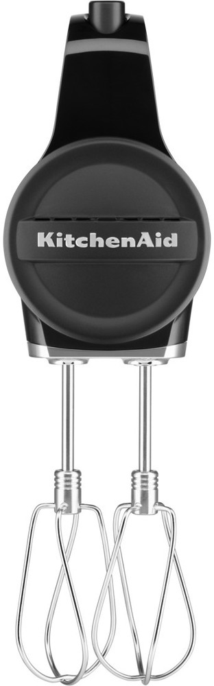 Black KitchenAid hand mixer with beaters. White background.