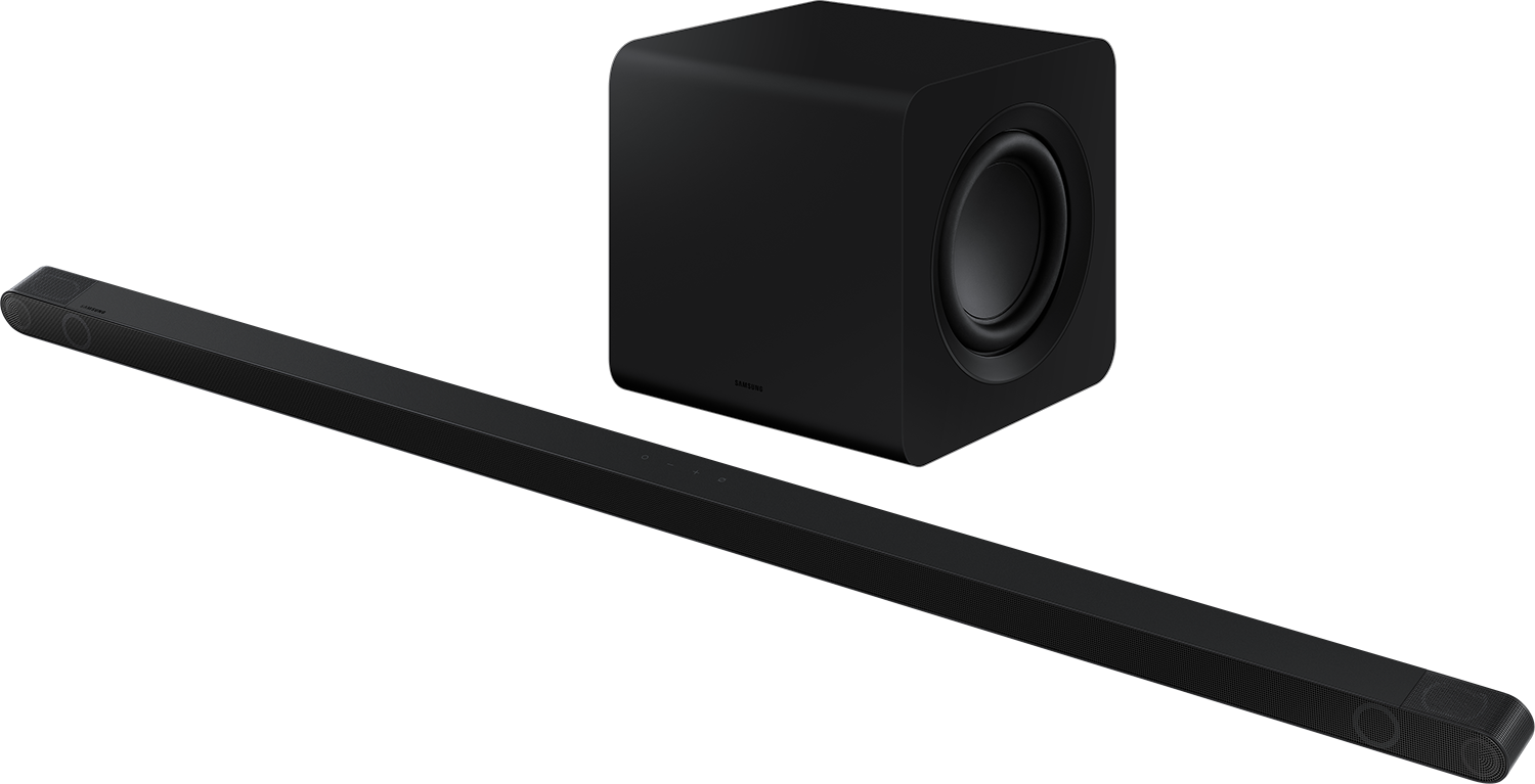 Zwart soundbar- en subwoofer-systeem. De soundbar is lang, de subwoofer is een kubus.