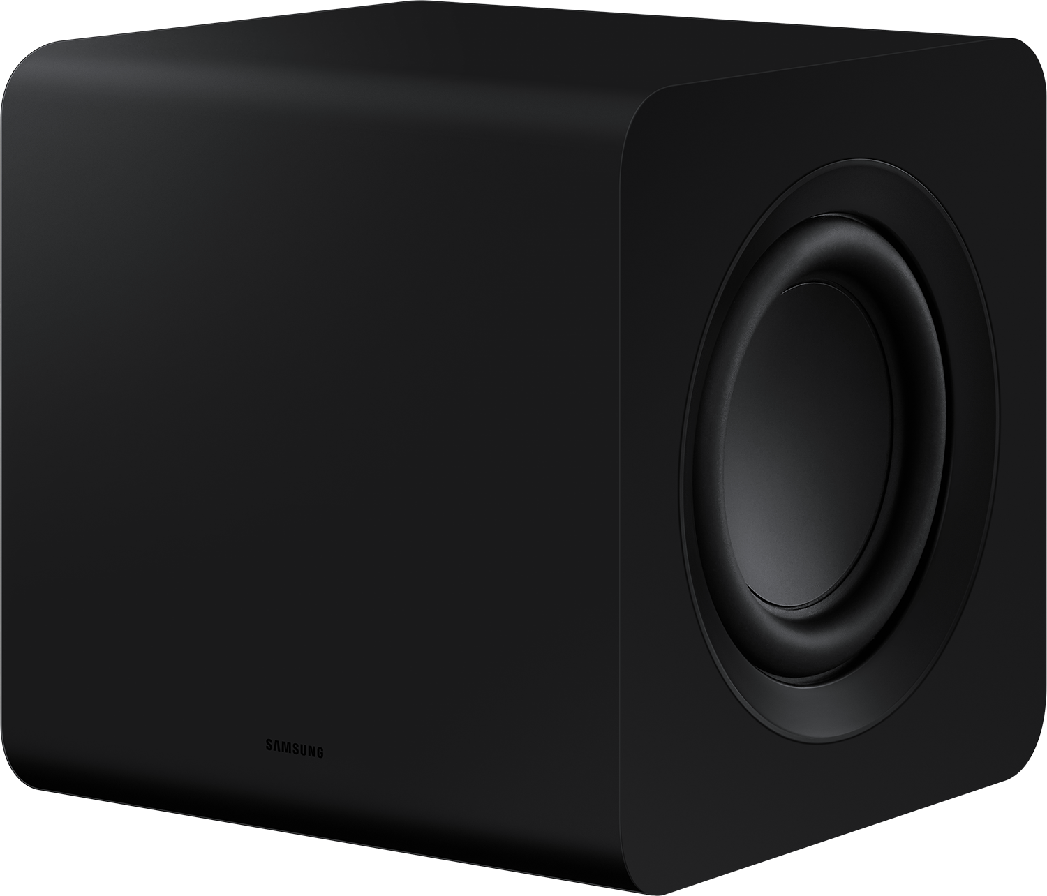 Een zwarte subwoofer met afgeronde hoeken. De luidspreker staat op een neutrale achtergrond.