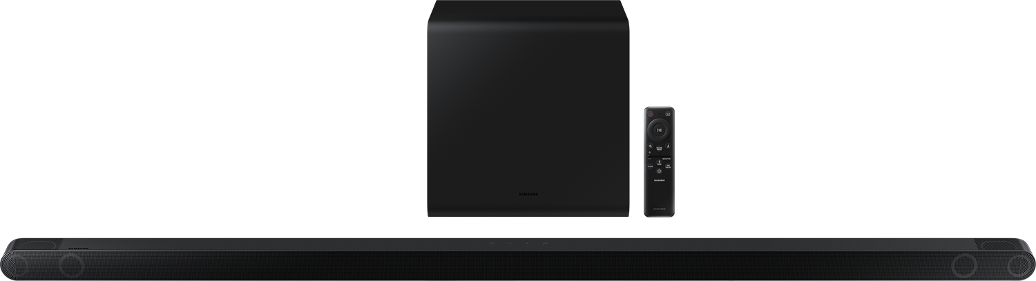 Een zwarte soundbar, een subwoofer en een afstandsbediening. Allemaal op een zwarte achtergrond.