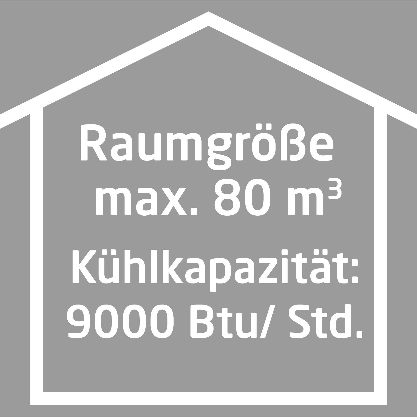 Weiße Grafik mit Text, der Raumgröße und Kühlleistung angibt.