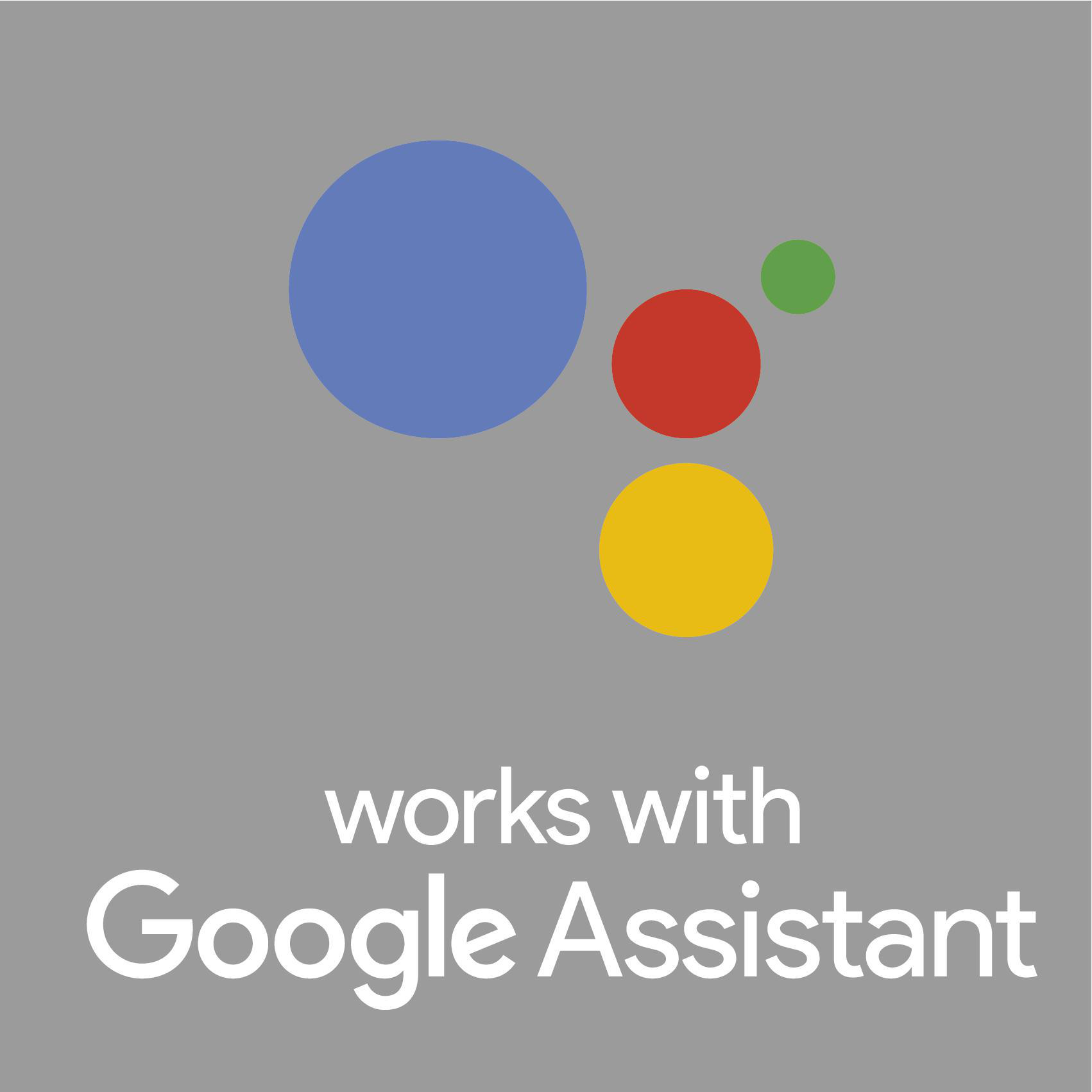Google Assistant Logo mit bunten Kreisen, grauem Hintergrund und Text darunter.
