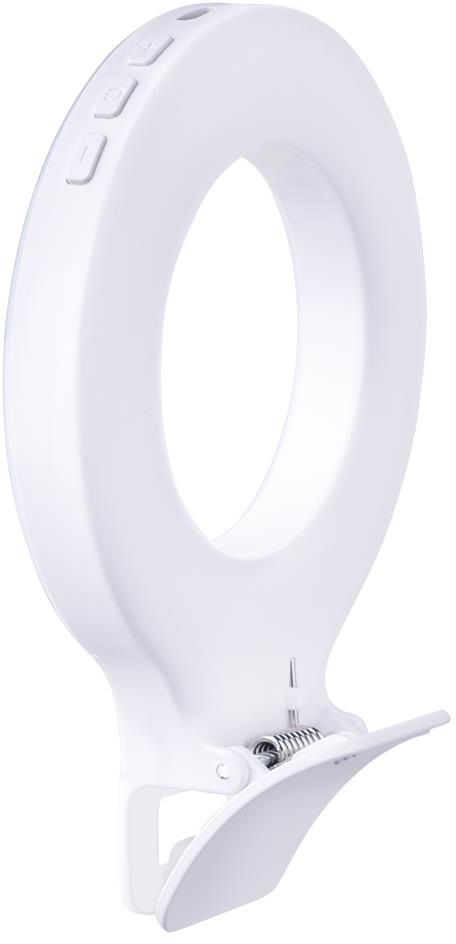 Egy fehér gyűrűfény csipesszel. Felül gombok találhatók. Ez egy közeli felvétel.