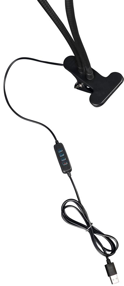Egy fekete-fehér USB-s LED lámpa csíptetővel. Két rugalmas karja van.