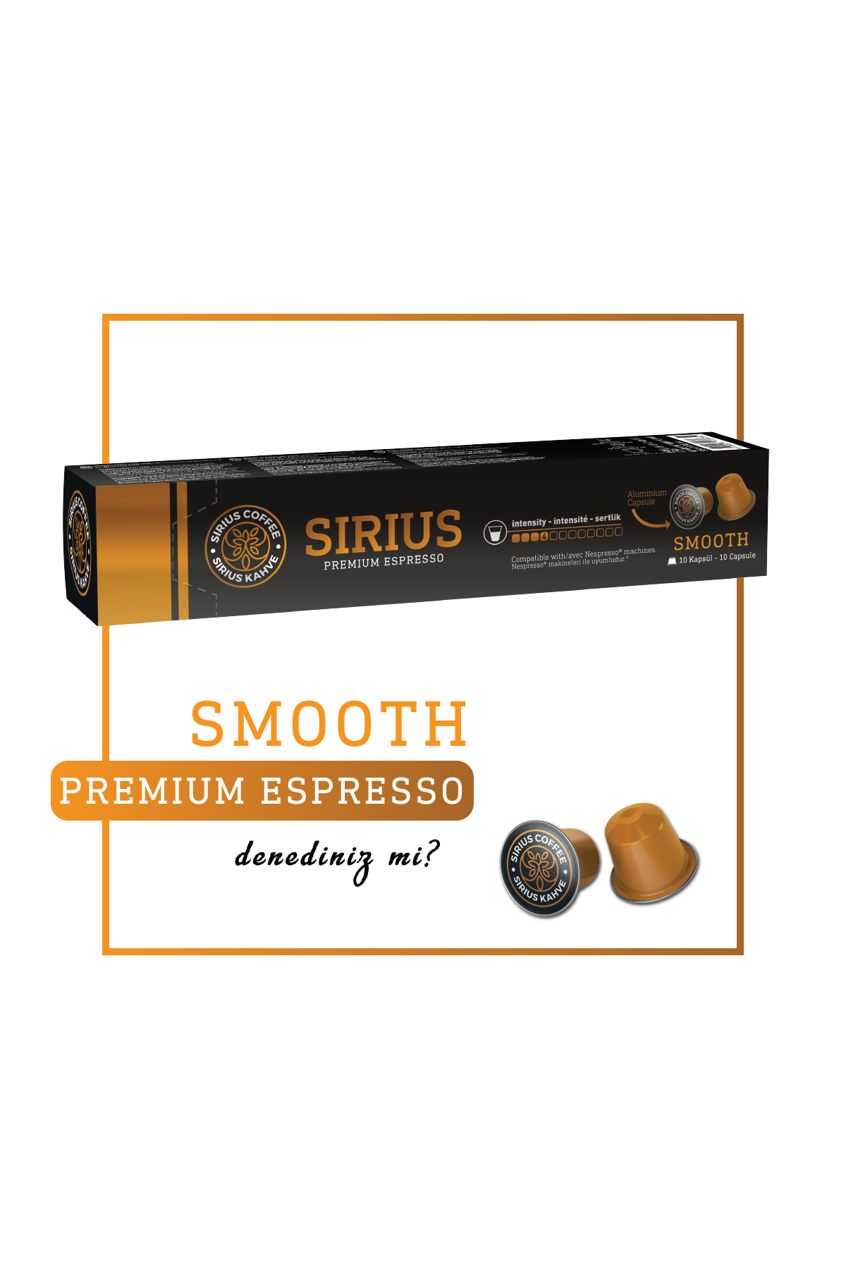 Sirius espresso kapsül kutusu, marka adı ve 'Smooth' kelimesi ile.
