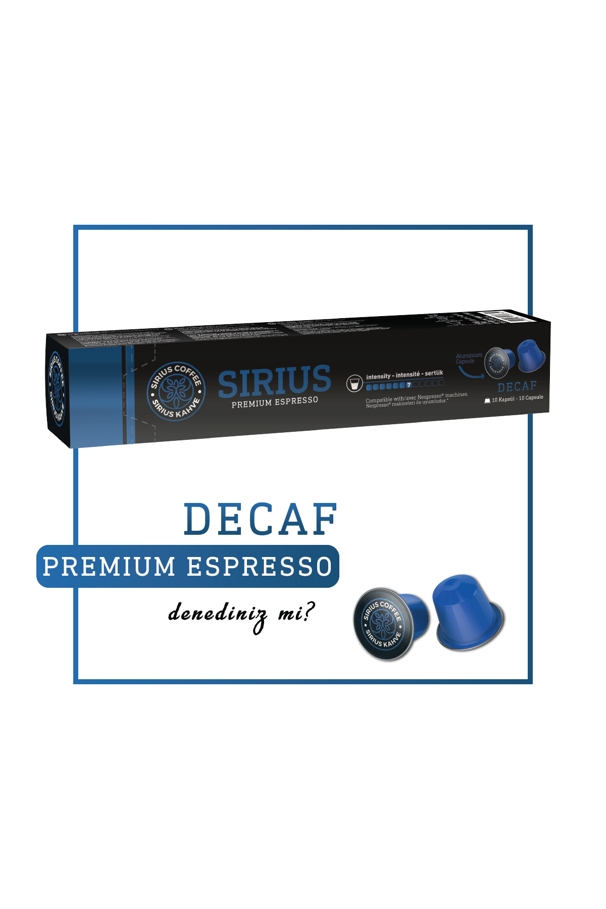 Sirius Decaf Premium Espresso kapsüllerinin kutusu, iki kapsül görünür.