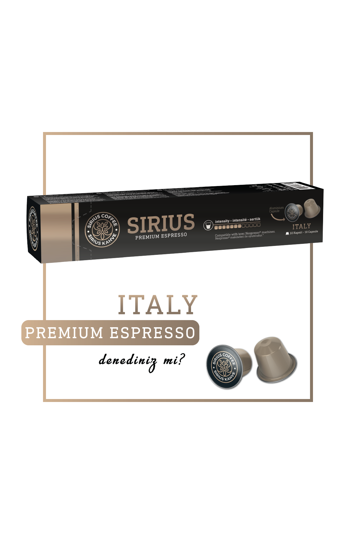 Sirius Coffee espresso kapsüllerinin kutusu, 'ITALY' kelimesiyle.