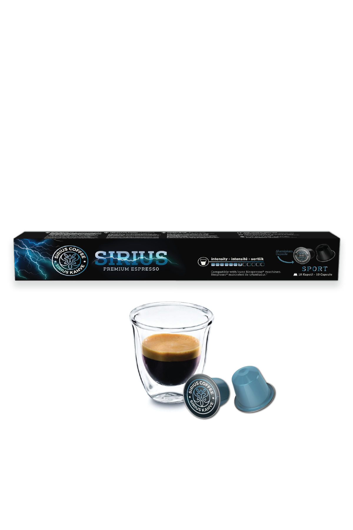 Espresso kapsülleri, bir fincan kahve ve kapsül kutusu. Kutuda 'Sirius Coffee' yazıyor.