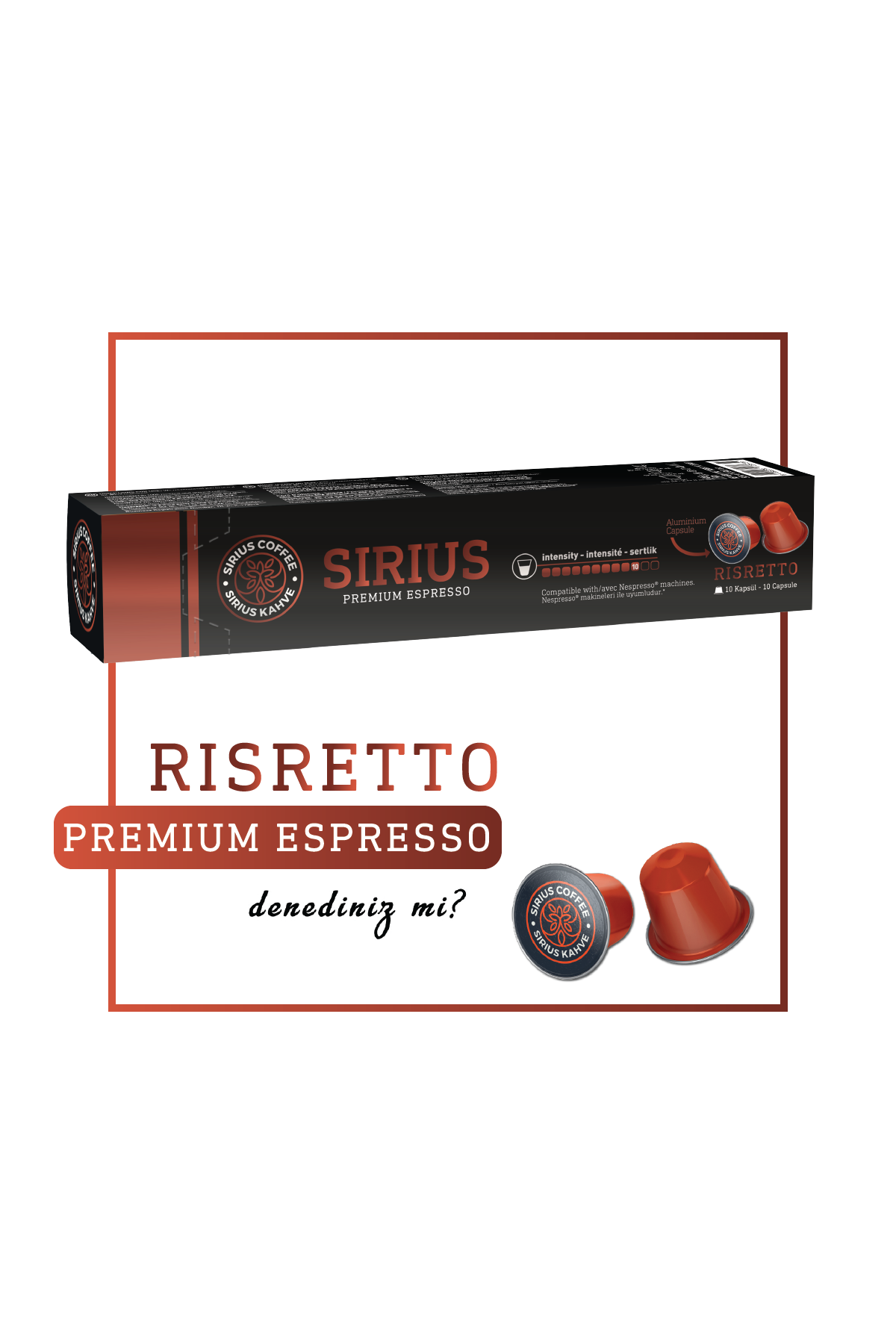 'SIRIUS' ve 'RISRETTO' etiketli kahve kapsülü kutusu. Kahve kapsülleri içerir.
