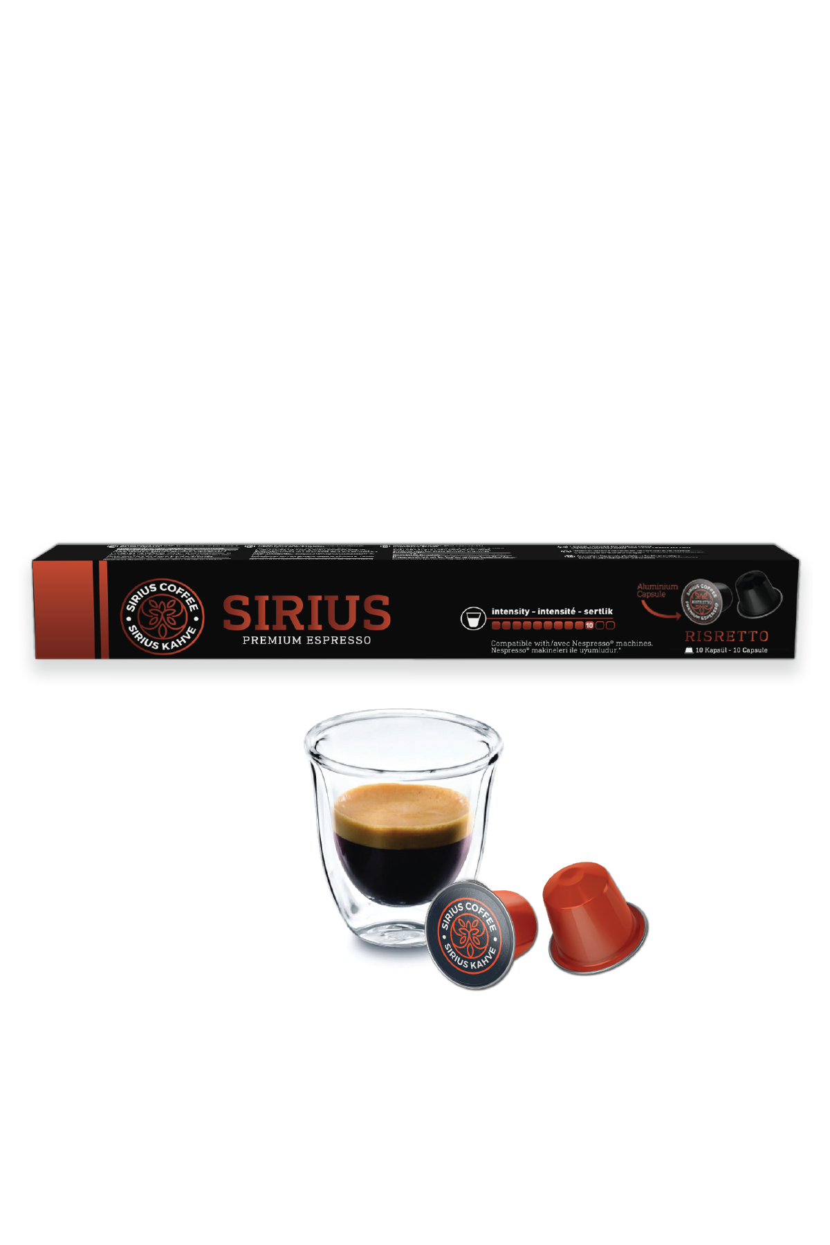 Bir bardak espresso, iki kapsül ve Ristretto etiketli bir kutu Sirius kahve kapsülü.