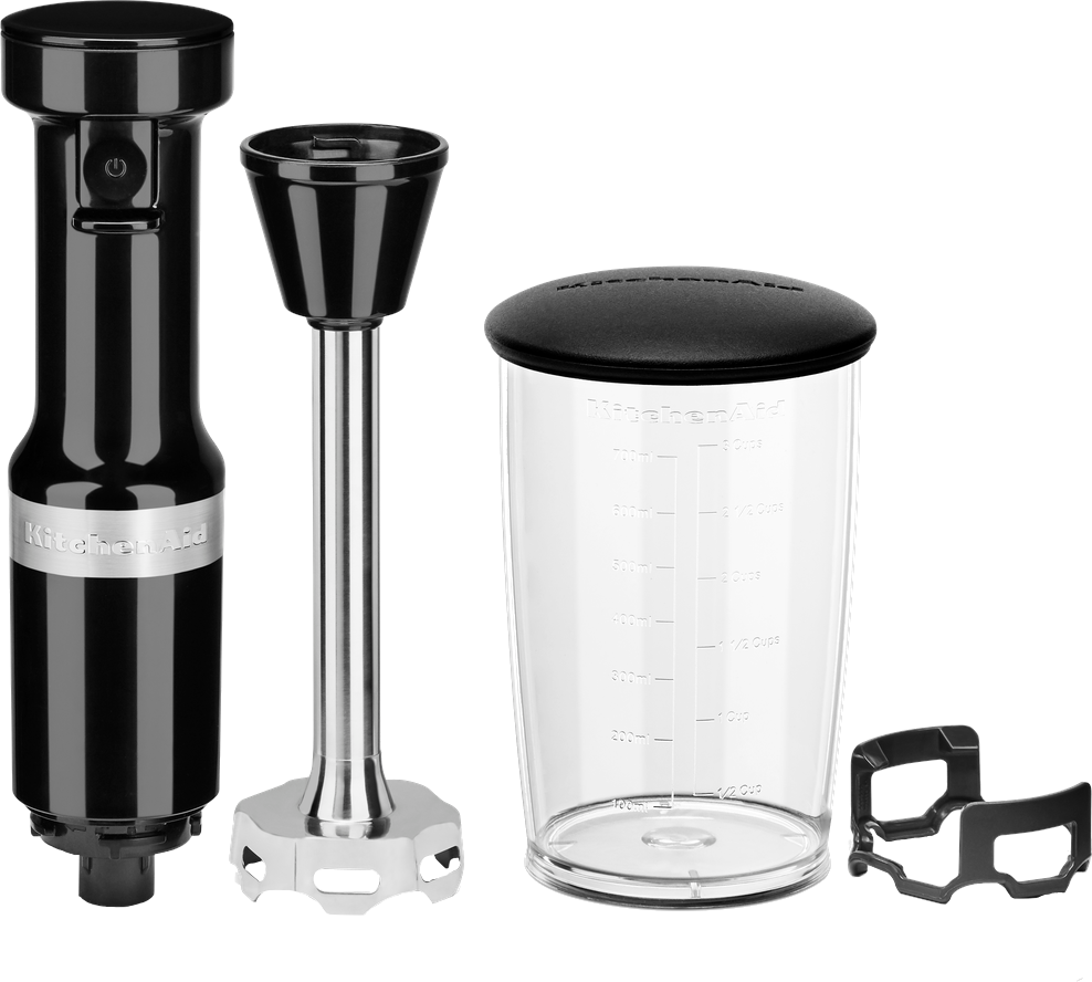 Composants du mixeur plongeant KitchenAid : moteur, fouet, récipient et protection.