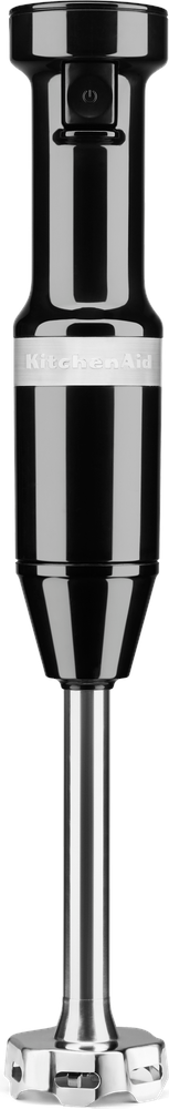 Mixeur plongeant KitchenAid noir. Le dessus est noir, le bas est en acier et il porte le nom de la marque.
