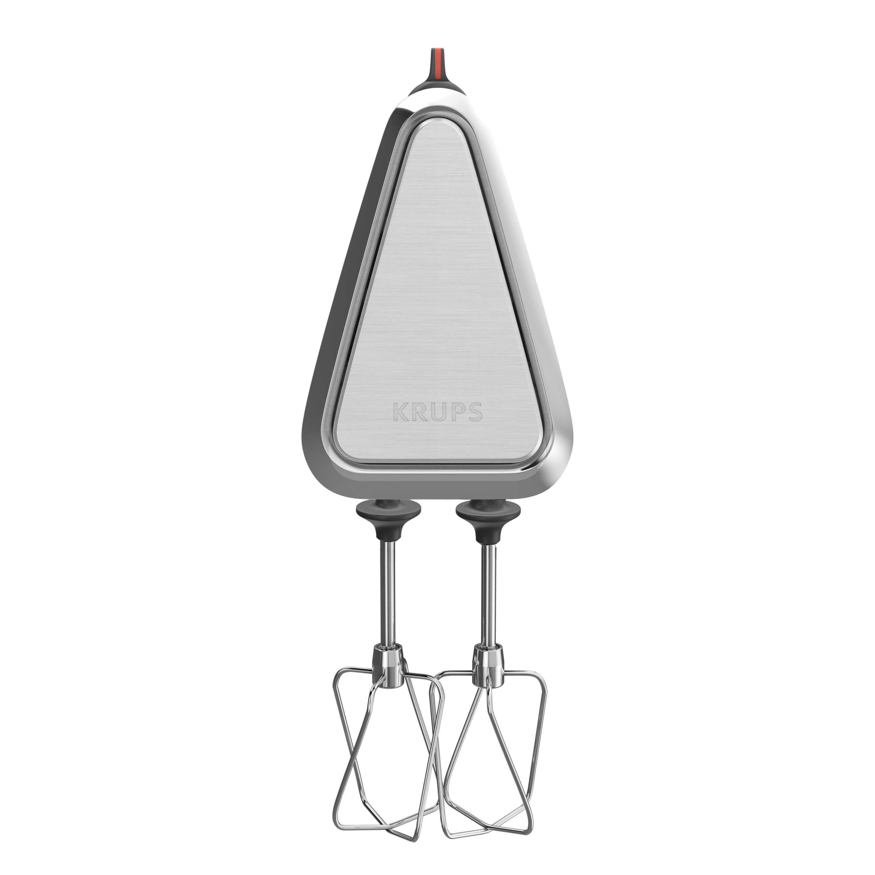 Silberner und verchromter Handmixer, schräge Ansicht. Weißer Hintergrund.