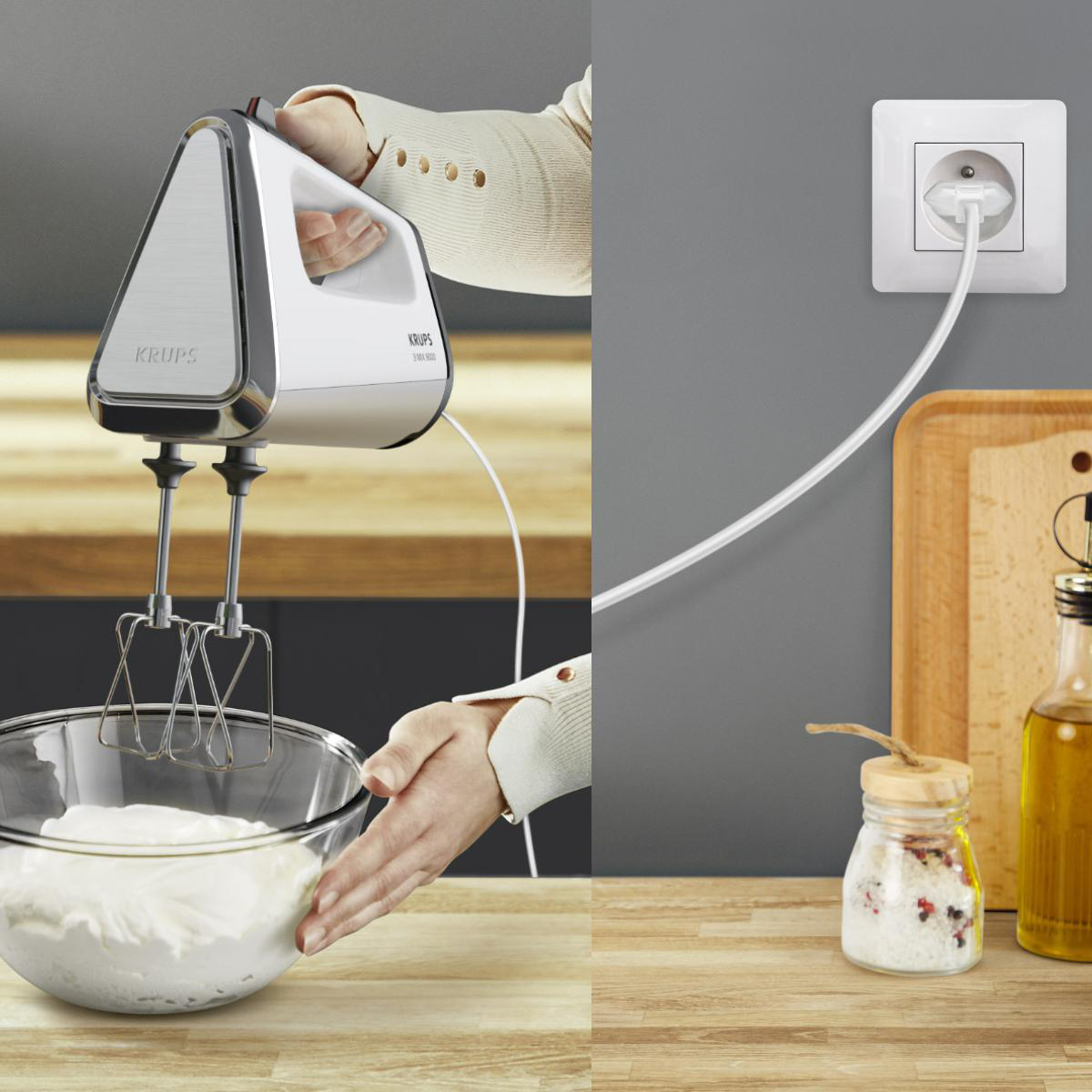 Person verwendet einen weißen Krups-Handmixer und rührt in einer durchsichtigen Schüssel.