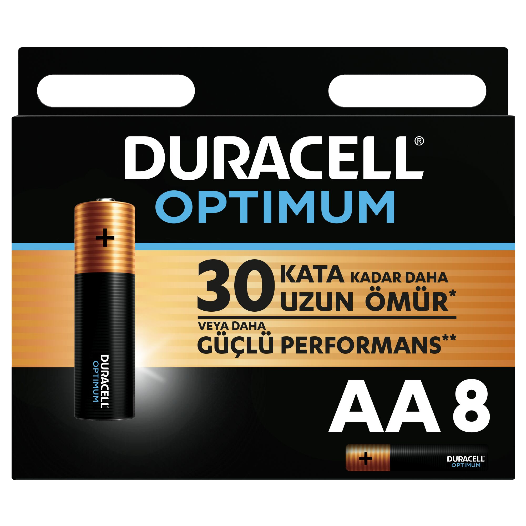 Siyah ve altın renkli bir pakette Duracell Optimum piller. Metinde 'Optimum' ve 'AA 8' yazıyor.