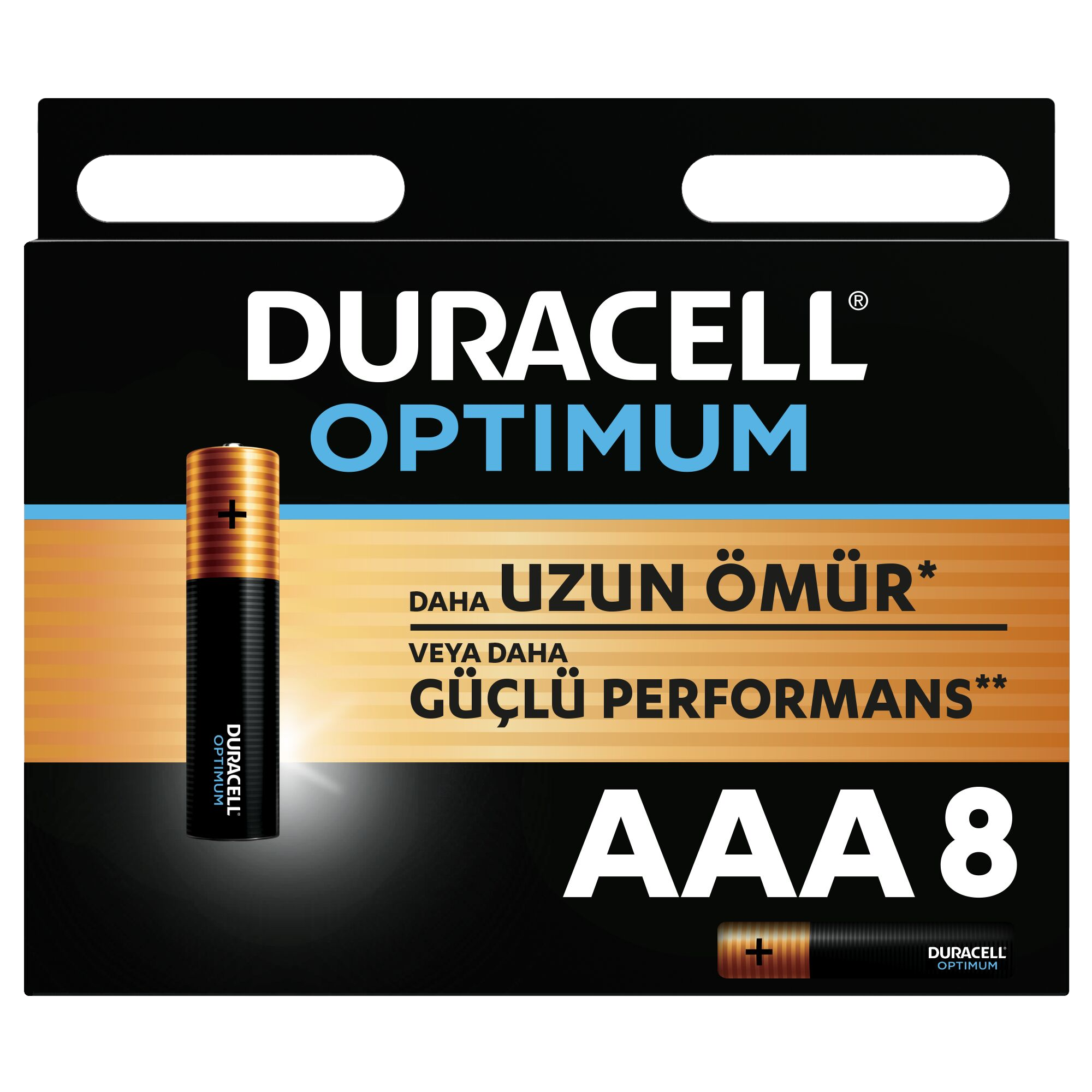 Duracell Optimum pil paketi. Siyah, turuncu ve beyaz renkler. AAA 8'li paket.