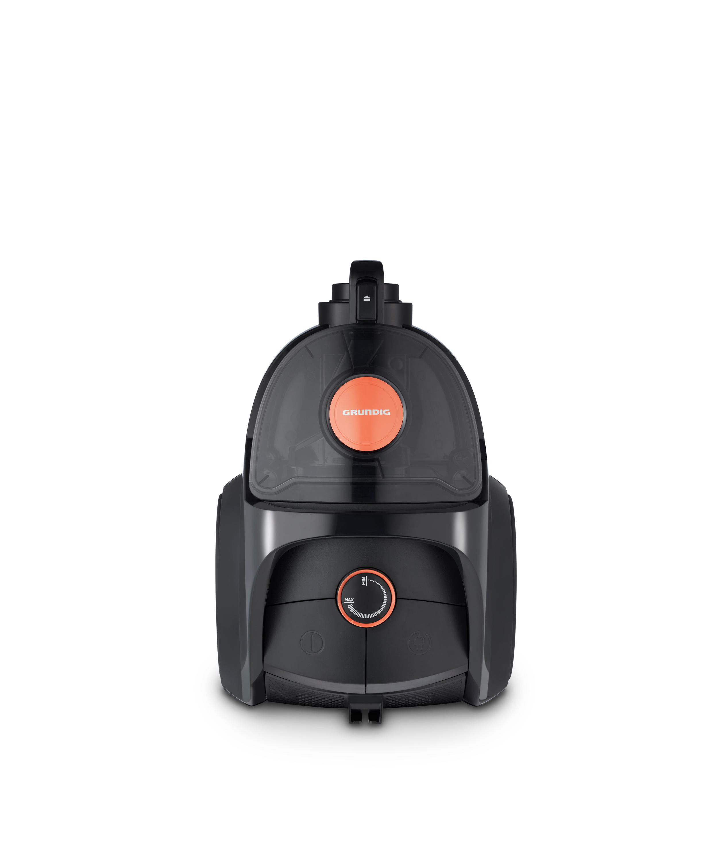 Schwarzer Grundig Staubsauger mit orangefarbenen Akzenten auf weißem Hintergrund.