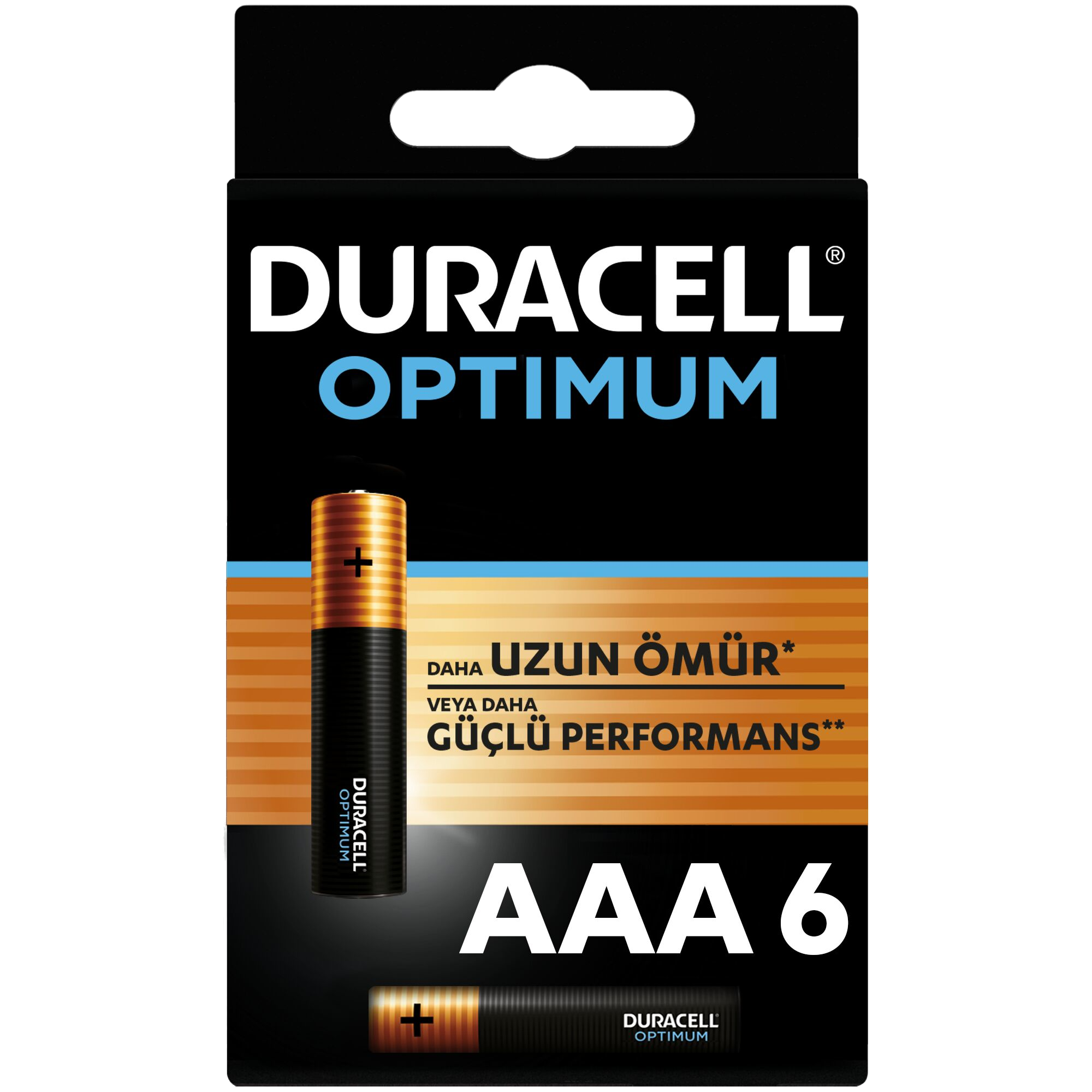 Duracell Optimum AAA 6'lı pil paketi ambalajı; siyah ve turuncu, pil görselleriyle.
