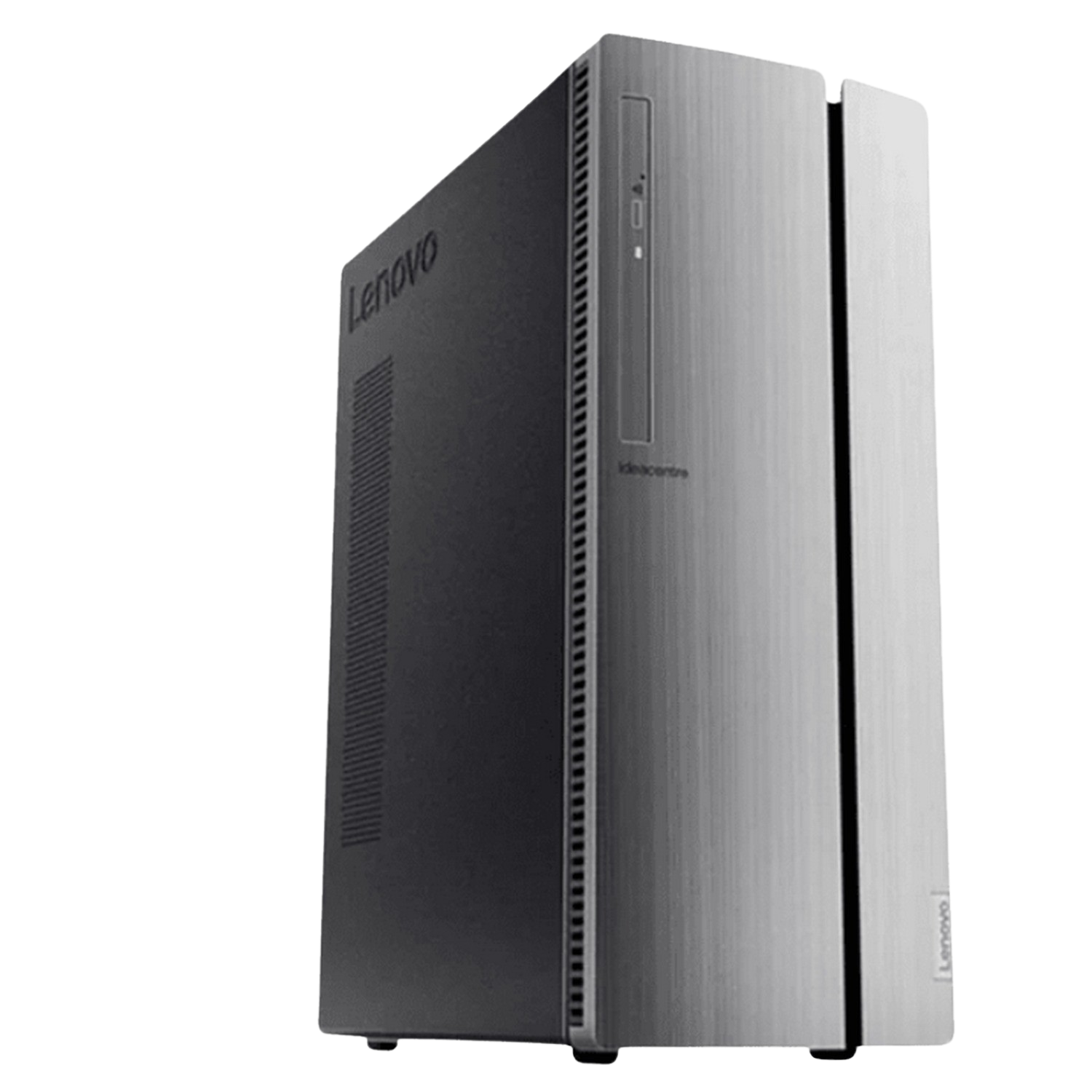 Ordenador de sobremesa Lenovo Ideacentre. El sobremesa es plateado y negro, mostrando el logotipo de Lenovo.