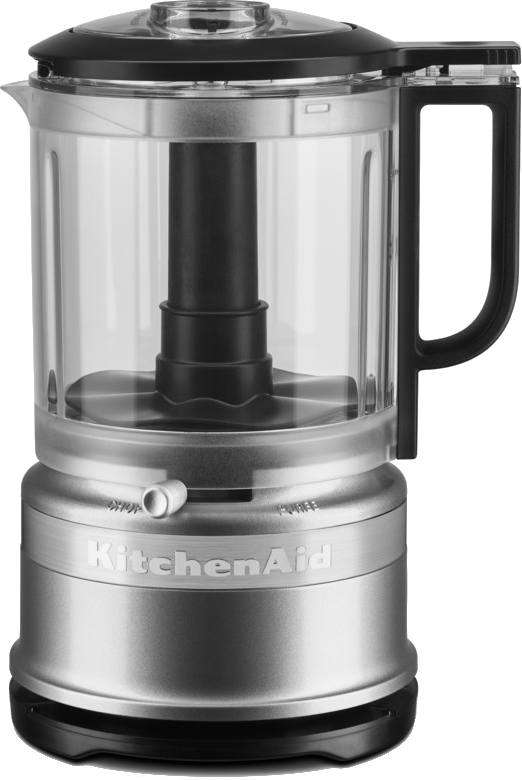 Robot culinaire KitchenAid, base argentée, récipient transparent et poignée noire.