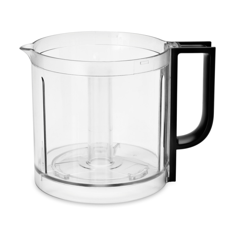 Récipient en plastique transparent pour robot culinaire avec une poignée noire.
