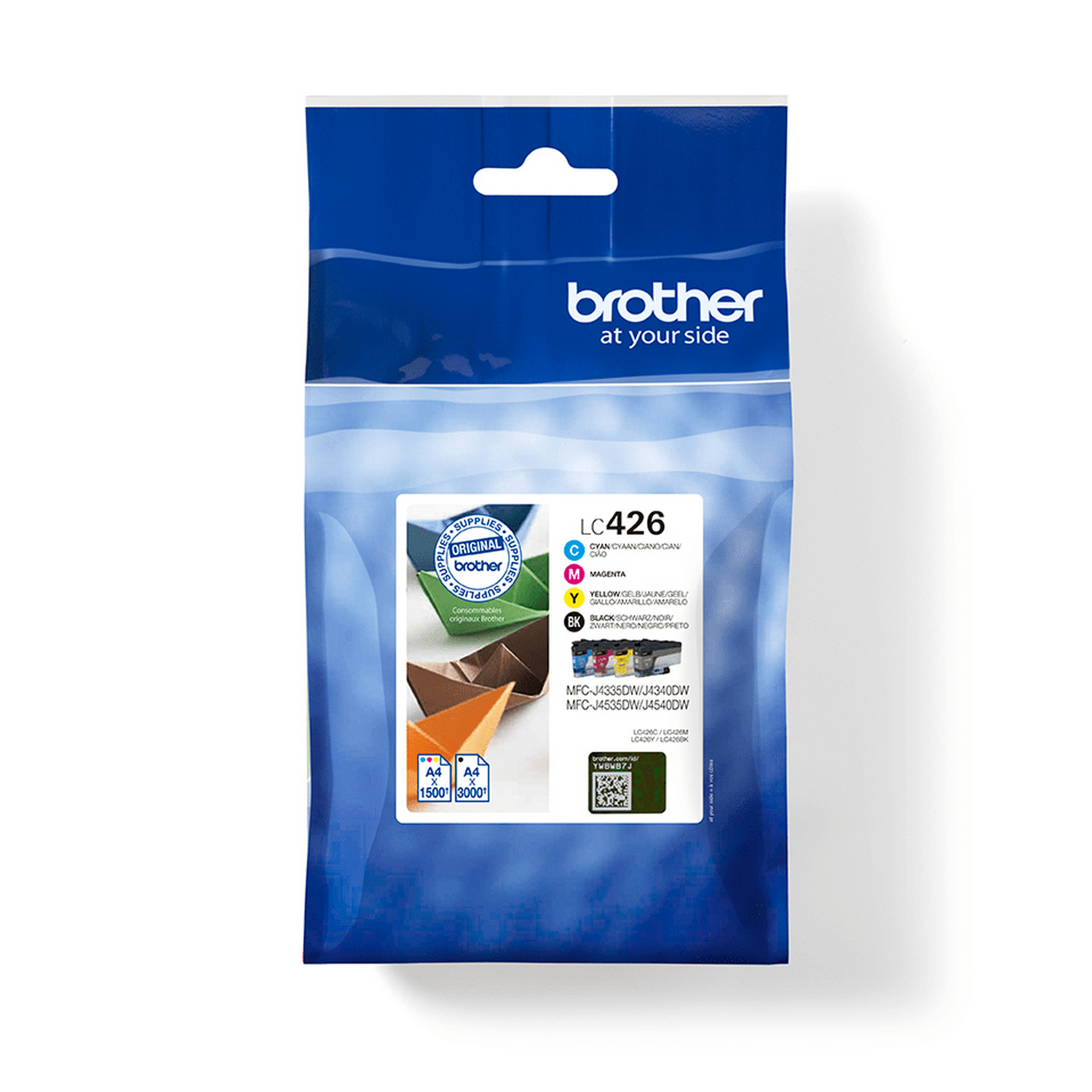 Paquete de cartuchos de tinta. Embalaje azul y blanco con información del producto y logotipo.