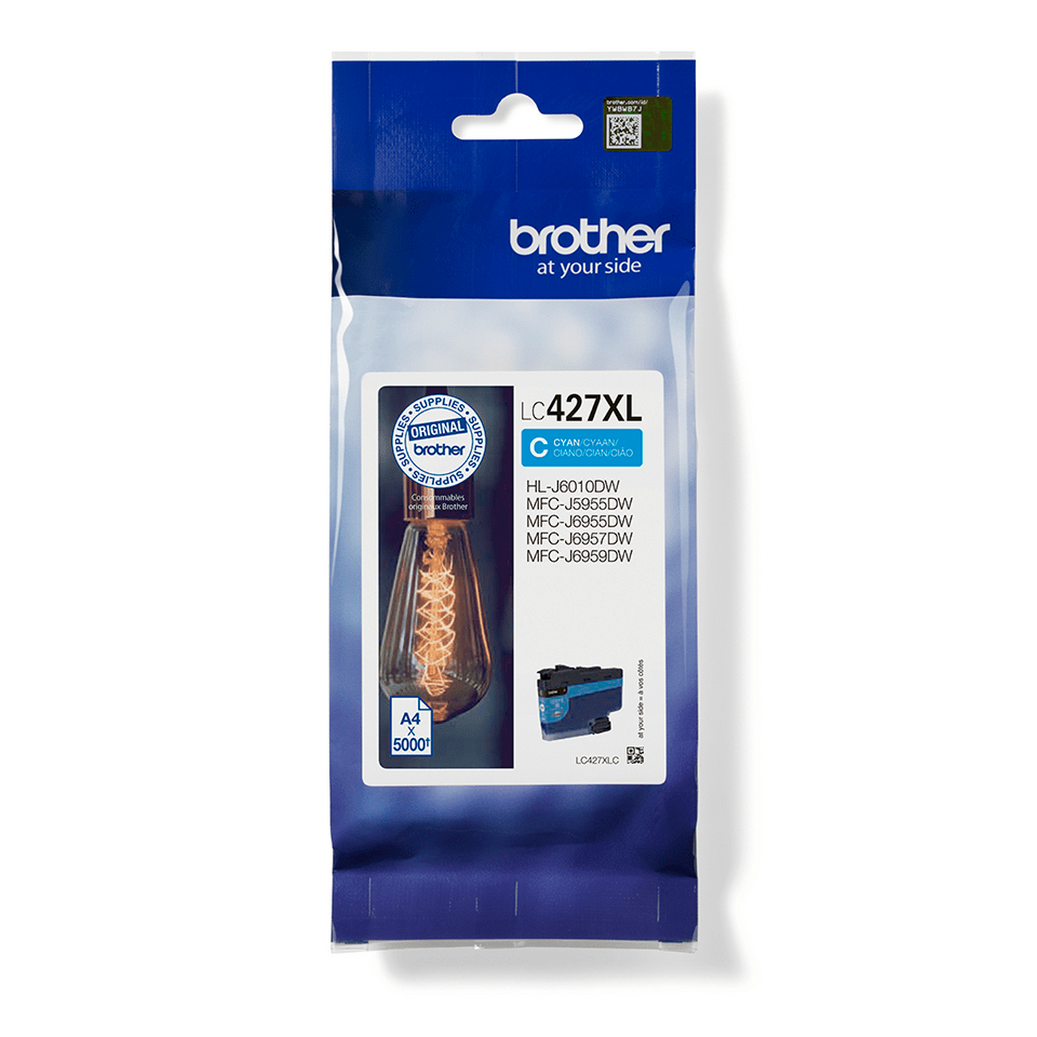 Cartucho de tinta cian Brother LC427XL en embalaje. Etiqueta incluye un gráfico de bombilla.