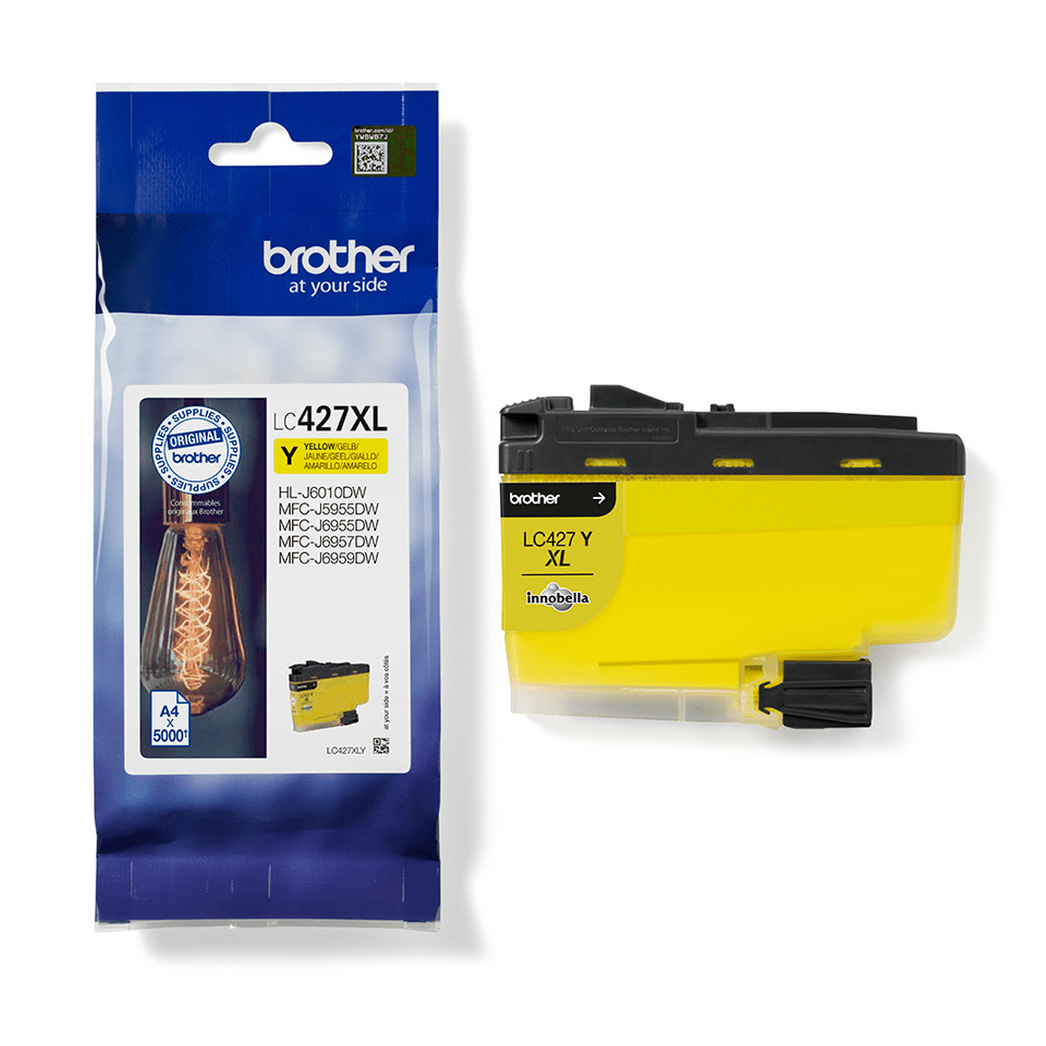 Cartucho de tinta Brother amarillo con embalaje. El cartucho está junto al embalaje.