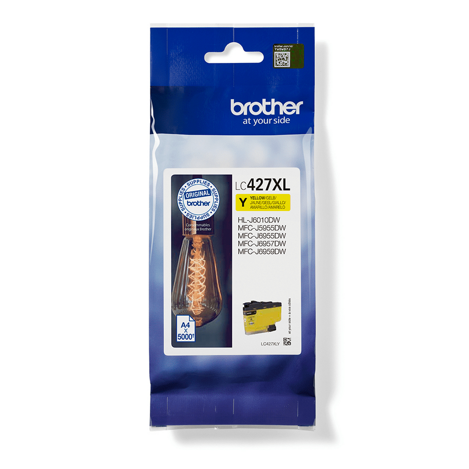 Cartucho de tinta Brother. Tinta amarilla mostrada. El embalaje tiene una bombilla.