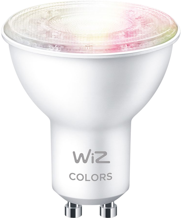 Ampoule intelligente WiZ blanche avec base argentée et lumière colorée émettant du haut.