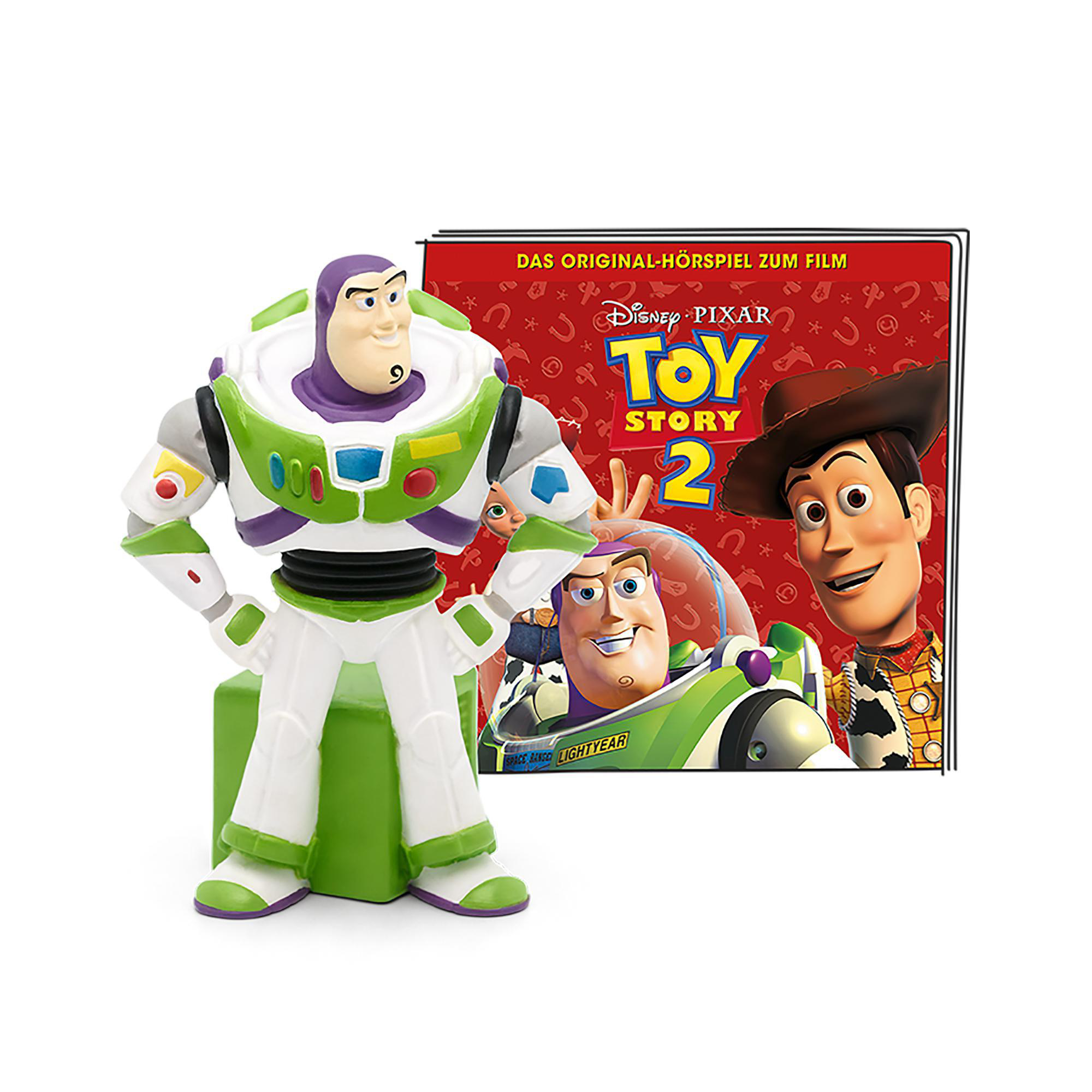 Buzz Lightyear Figur steht neben einer 'Toy Story 2' DVD.