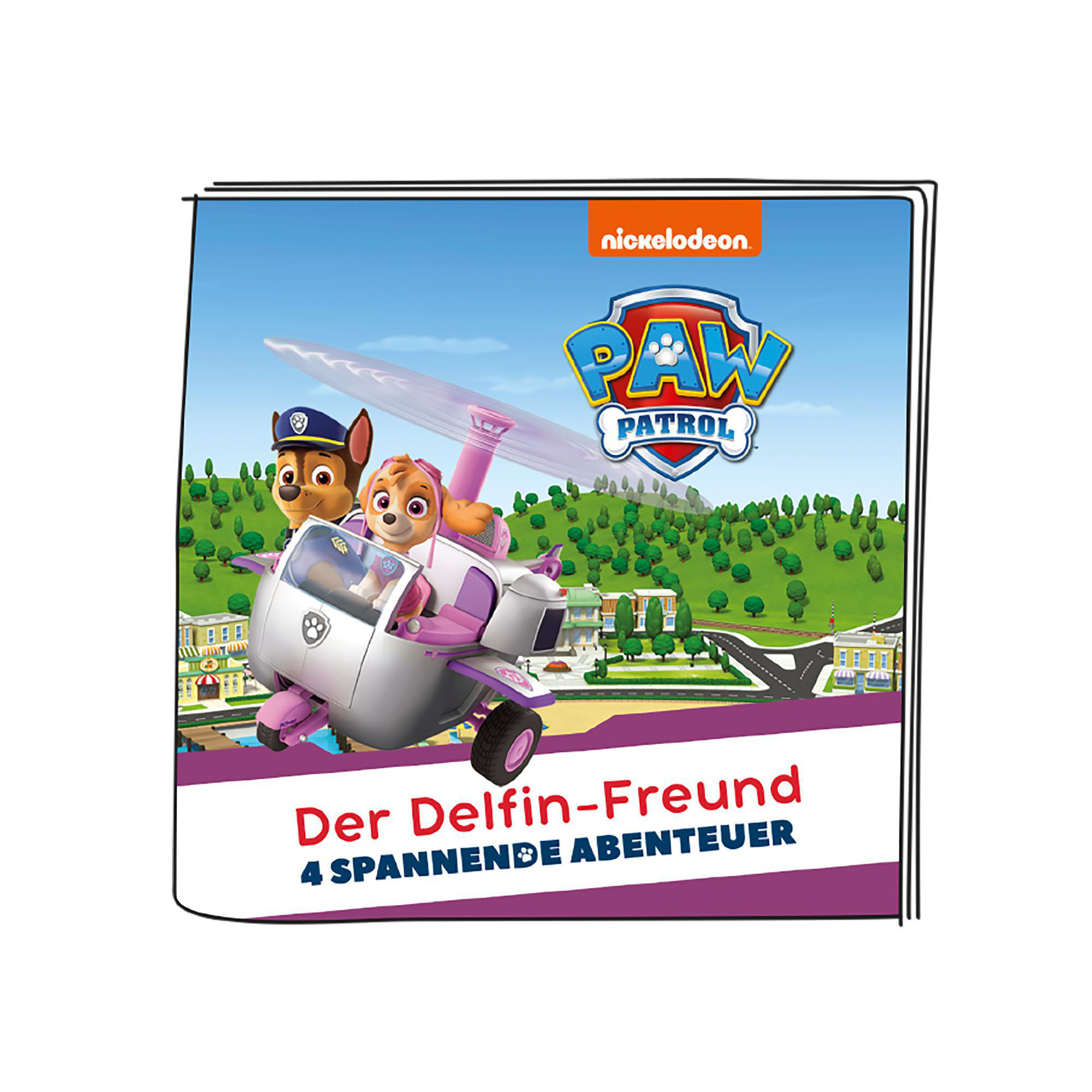Paw Patrol-Buchcover mit Zeichentrickfiguren in einem Flugzeug. Weißer Hintergrund.